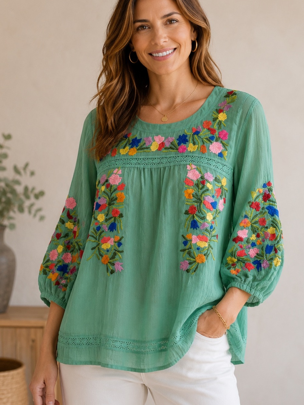 Anu mint green, Vintage-style Embroidered Boho Peasant Blouse